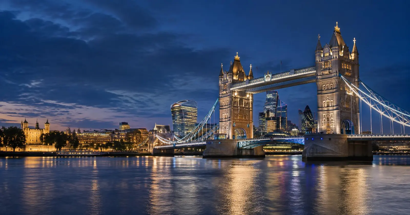 Tower Bridge and the London skyline at dusk
